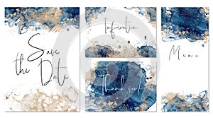 Classic blue and gold wedding set with hand drawn watercolor background.