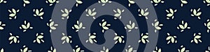 Classic Blue Hand Painted Leaf Banner Background. Elegant Horizontal Striped Leaves Motif Seamless Border Pattern. Navy Bloom