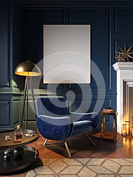 Classic blue interior with armchair, wall panel and decor.