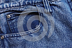 Classic blue jeans background. Denim texture fabric with a seam of fashionable design. Empty pattern copy space. Selective focus