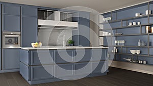 Classic blue kitchen in modern open space with parquet floor and big shelving system with decors, island and accessories,