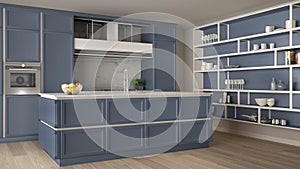 Classic blue kitchen in modern open space with parquet floor and big shelving system with decors, island and accessories,