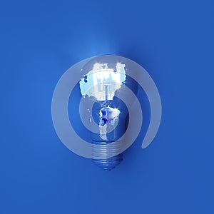 Classic Blue Light bulb Color Crack With Lighting glow on blue background.. Top view. 3D Render