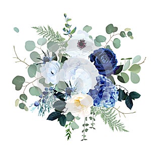 Classic blue rose, white hydrangea, ranunculus, anemone, thistle flowers, emerald greenery