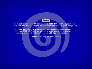 Classic blue screen of death BSOD. System OS crash error photo