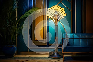 Classic blue sofa and vintage lamp illuminated in Art Deco style room. By generative Ai
