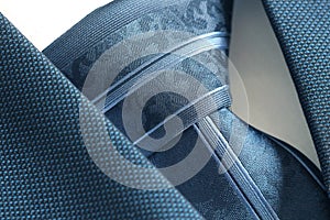 Classic blue suit, shirt and tie, close up, top view