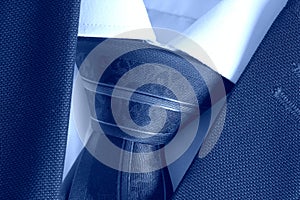 Classic blue suit, shirt and tie, close up, top view