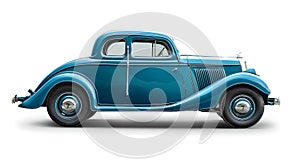 Classic Blue Vintage Coupe Isolated on White. Collectible Automobile. Nostalgic Vehicle Design. Perfect for Collectors