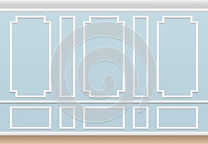 Classic blue wall with moulding panel. House luxury interior with molding frames. Vector background