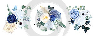 Classic blue, white rose, white hydrangea, ranunculus, anemone, thistle flowers, greenery and eucalyptus