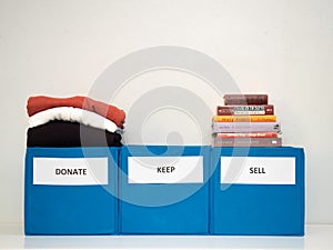Classic Books and Clothing in Turquoise Bins Used to Downsize