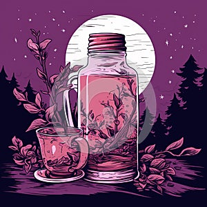 Classic Tea Bottle Printmaking On Purple Background photo