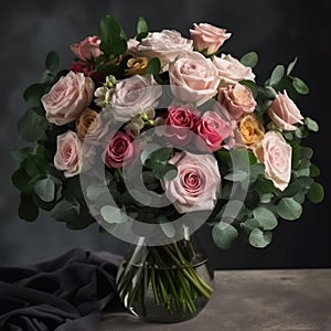 Classic bouquet with mixed roses and greenery. Mother's Day Flowers Design concept