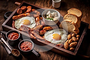 Classic British Breakfast on Dark Wooden Tray
