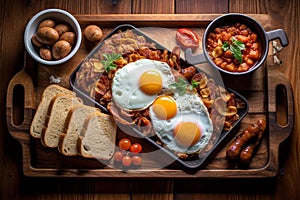 Classic British Breakfast on Dark Wooden Tray