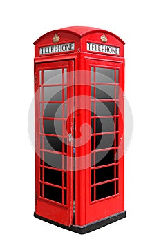 Classic British red phone booth in London UK, isolated on white