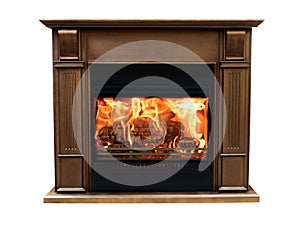 Classic brown burning fireplace isolated on white background