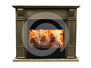 Classic brown burning fireplace isolated on white background