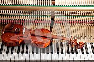 classic brown violin on the close up image of grand piano keys and interior background