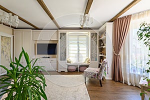 Classic brown and white living room interior