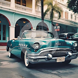 Classic Buick convertible parked on Miami street, Generative AI