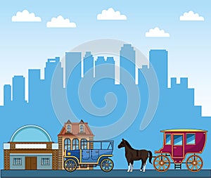 Classic buildings and horses carriage over urban city background
