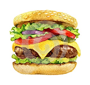Classic burger, cheeseburger, isolated on white background, watercolor
