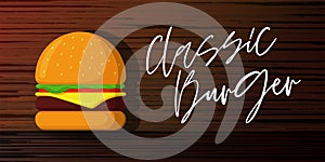 Classic burger fast food advertising banner template. Hamburger on wooden board marketing poster for cafe or restaurant