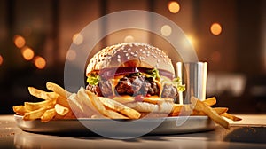 Classic Burger and Fries, served with crispy fries on a restaurant table, low angle close-up shot, generative ai