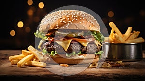 Classic Burger and Fries, served with crispy fries on a wooden plate, dark background, low angle close up shot, generative ai