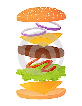 Classic burger ingredients set on layers. contain sesame bun, beaf cutlet or meat, cheese, lettuce, ketchup sauce, onion