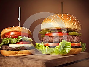 Classic burger served on a wooden table looking tasty