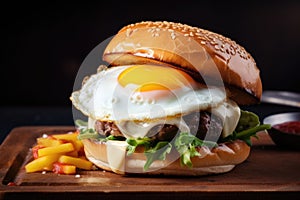 classic burger with steamy bun, juicy cheeses, and fried egg on top