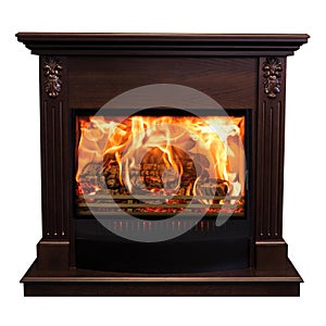 Classic burning fireplace isolated on white background