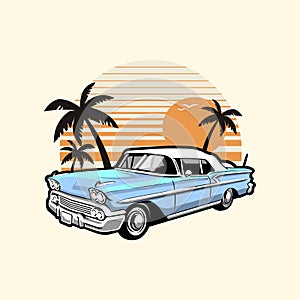 Classic Car in Beach Sunset Vibes Vector Art Illustration. Best for Automotive Tshirt Design