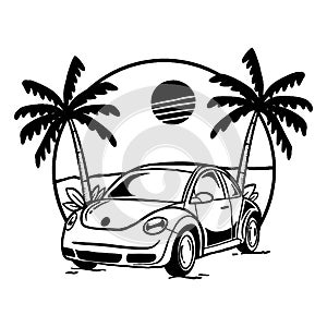 Classic car with a beach view, doodle black and white illustration