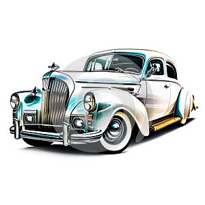 Classic car, color ink paint style on White background