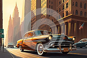 classic car cruising down bustling street, with view of towering skyscrapers in the background