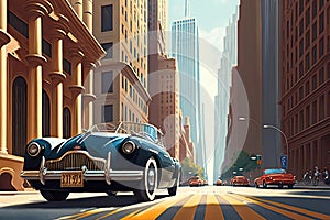 classic car cruising down modernized street, with towering skyscrapers in the background