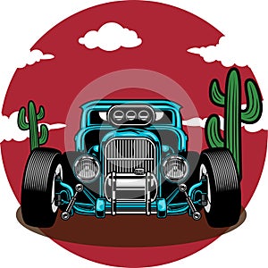 classic car with dessert view in vector illustration for t shirt with vintage theme templates