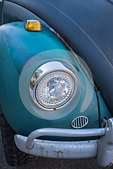 Classic car headlights close-up. Headlight lamp vintage classic car