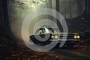 classic car with headlights on road in a foggy forest in autumn in the fog at night. The mystical atmosphere of a