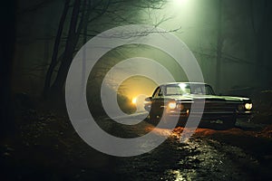 classic car with headlights on road in a foggy forest in autumn in the fog at night. The mystical atmosphere of a