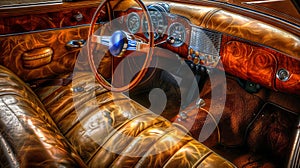 Classic car interior with polished wood dashboard and rich leather upholstery. Vintage elegance meets timeless design in