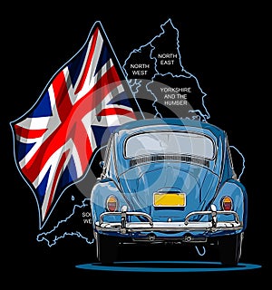 classic car on the island and the British flag