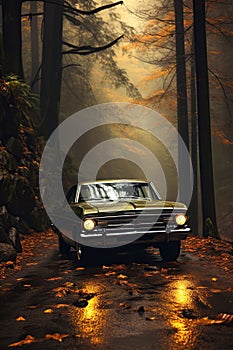 classic car on road in autumn in the fog in the foggy forest in the evening. The cover of a detective thriller book