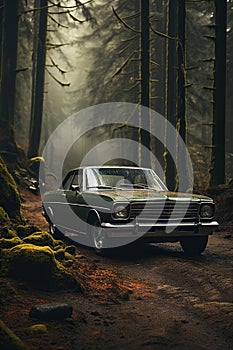 classic car on road in autumn in the fog in the foggy forest in the evening. The cover of a detective thriller book