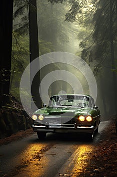 classic car on road in autumn in the fog in the foggy forest in the evening. The cover of a detective thriller book