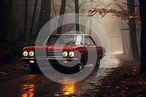 classic car on road in autumn in the fog in the foggy forest in the evening. The mystical atmosphere of a detective